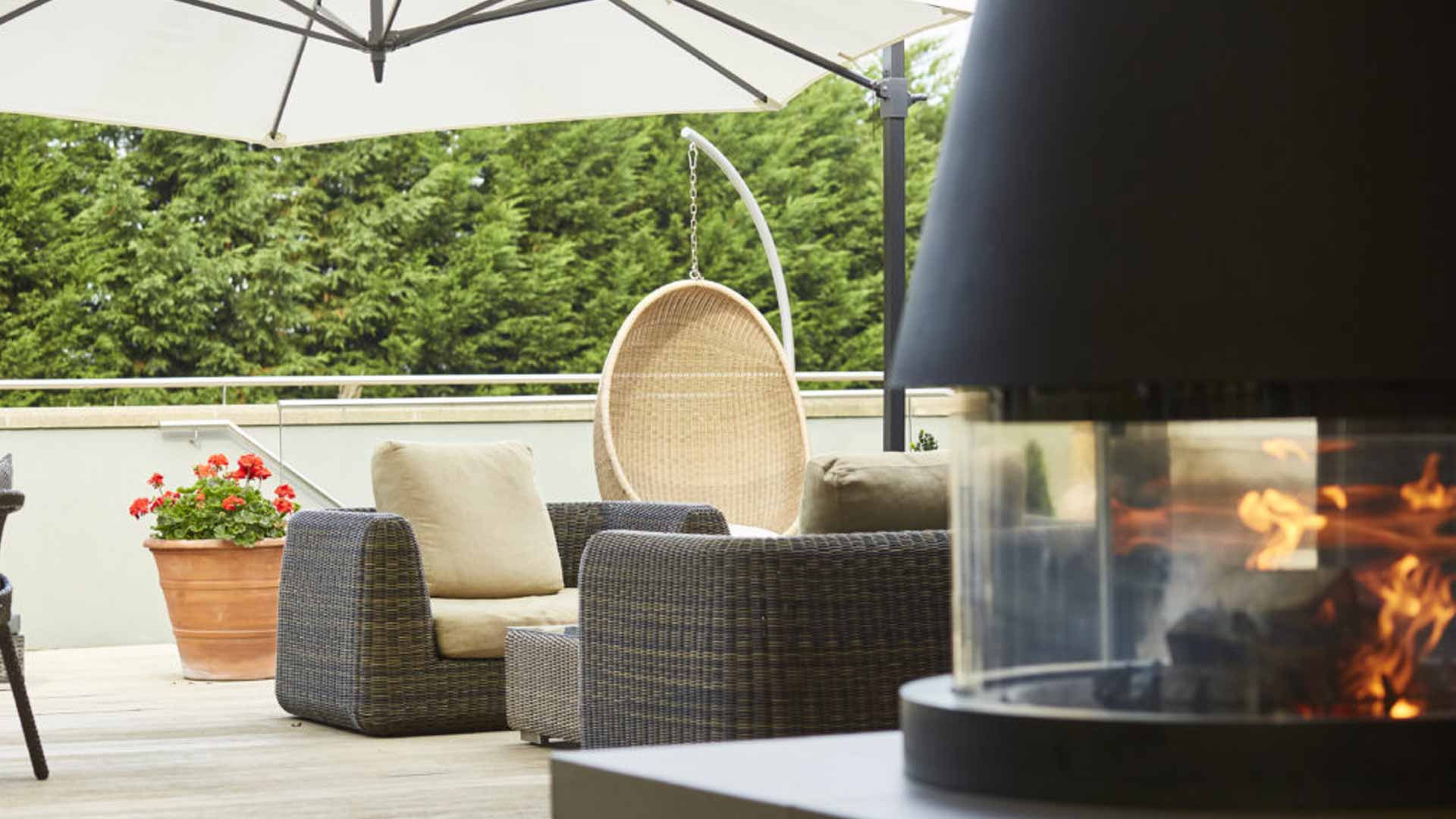 Panoramic view of Dormy House terrace overlooking the Cotswolds