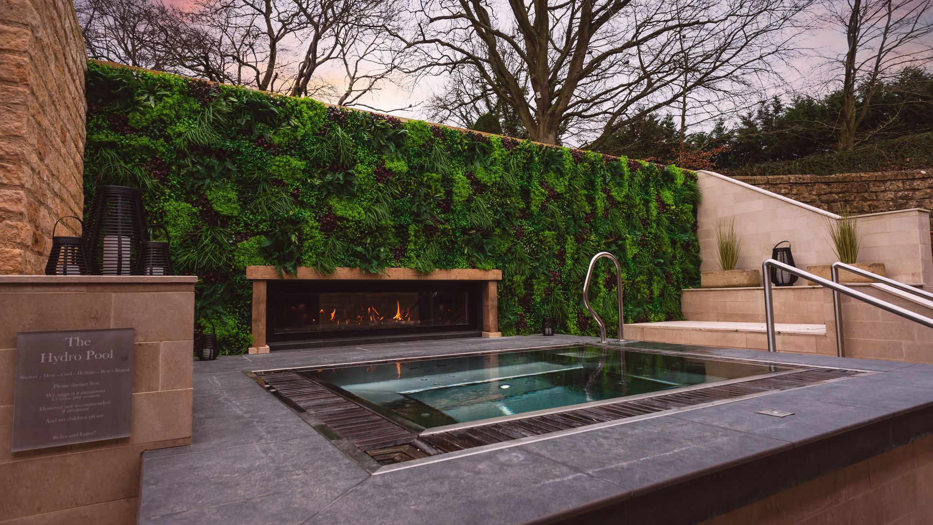 Outdoor heated hydrotherapy pool with massage jets on the House Spa terrace